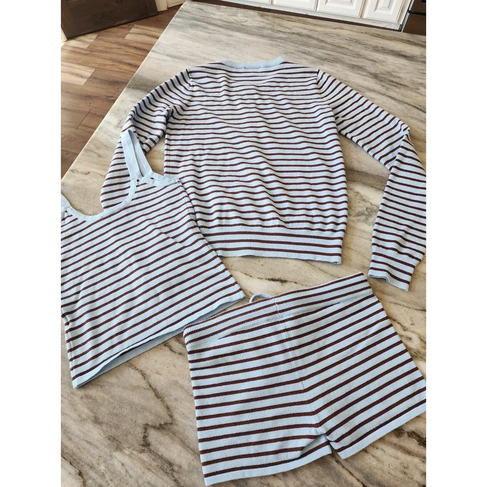 Edikted Women Blue Brown Striped 3 Piece Knit Set Cardigan Tank Shorts XS S